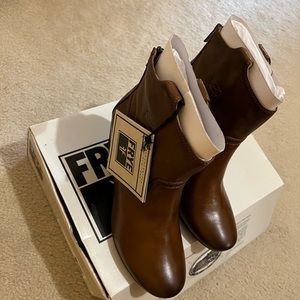 Real brown genuine leather Frye booties. Never been worn. Size: 9M